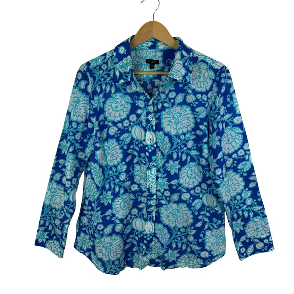 Talbots Blue Floral Button Down Shirt Medium‎ Lightweight Bloomcore Comfy Preppy